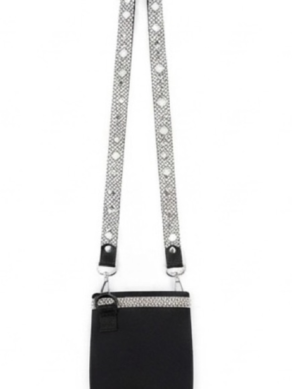 Black Crossbody Phone Pouch with Decorative Silver Strap